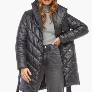 Women Justfub Black Puffer Jacket Coat Size M Warm Long Sleeve Tie Waist Pockets